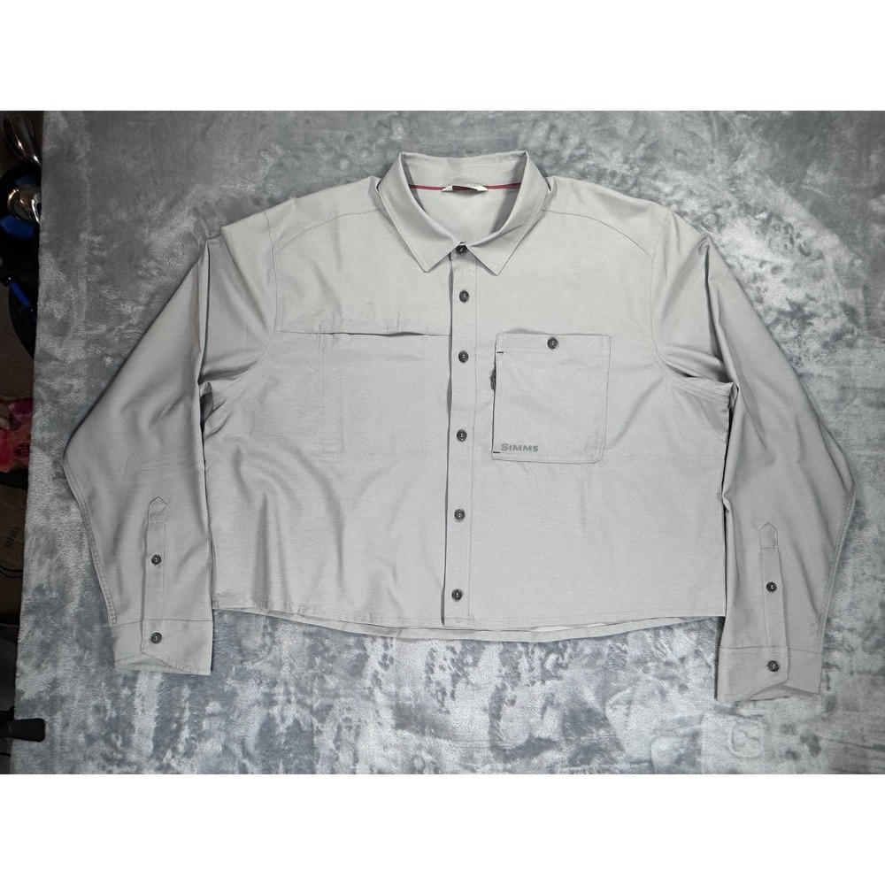 Simms Mens 2XL Gray Long Sleeve Performance Fishing Shirt Button Up Vented